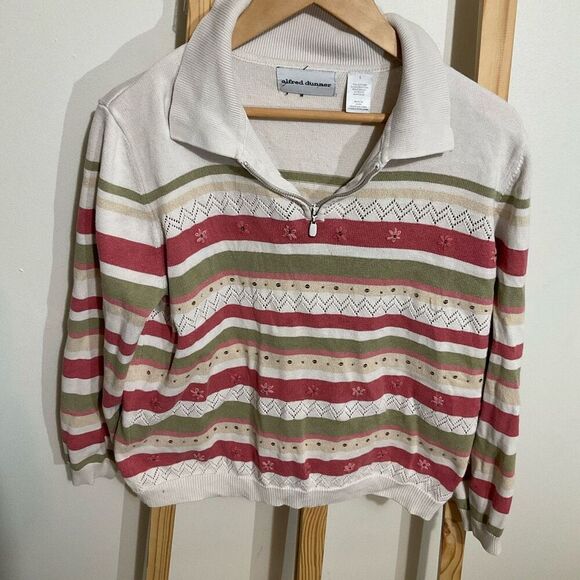 Alfred Dunner collared , v-neck half zip sweater striped size large - Picture 1 of 11